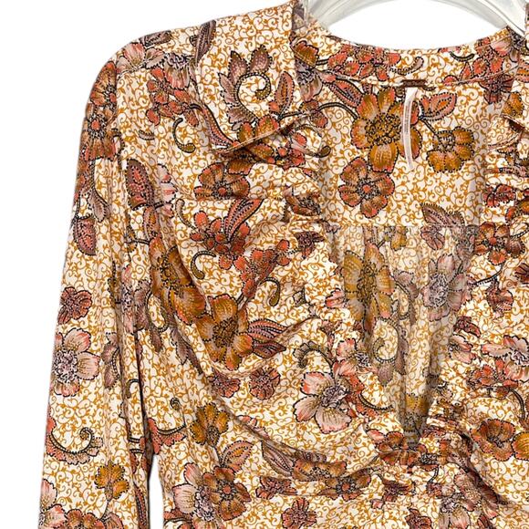 Free People Top I Got You Printed Floral Orange White Ruched Smocked V-Neck Sx S - Picture 4 of 11